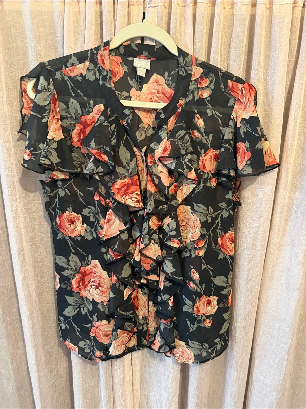 Converse Black Floral Ruffle Blouse with Coral Roses